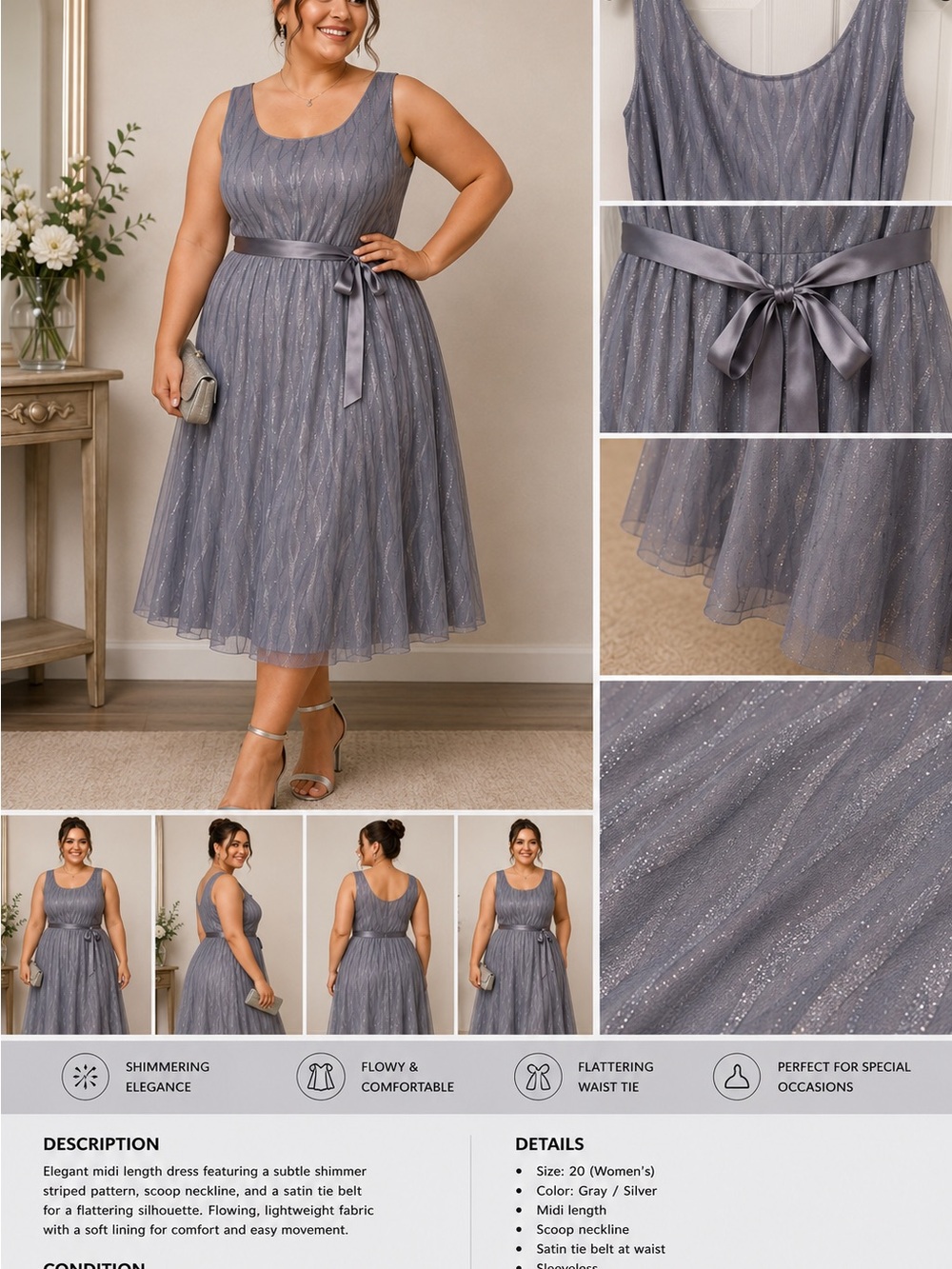 Shimmering Silver Midi Dress with Satin Waist Tie